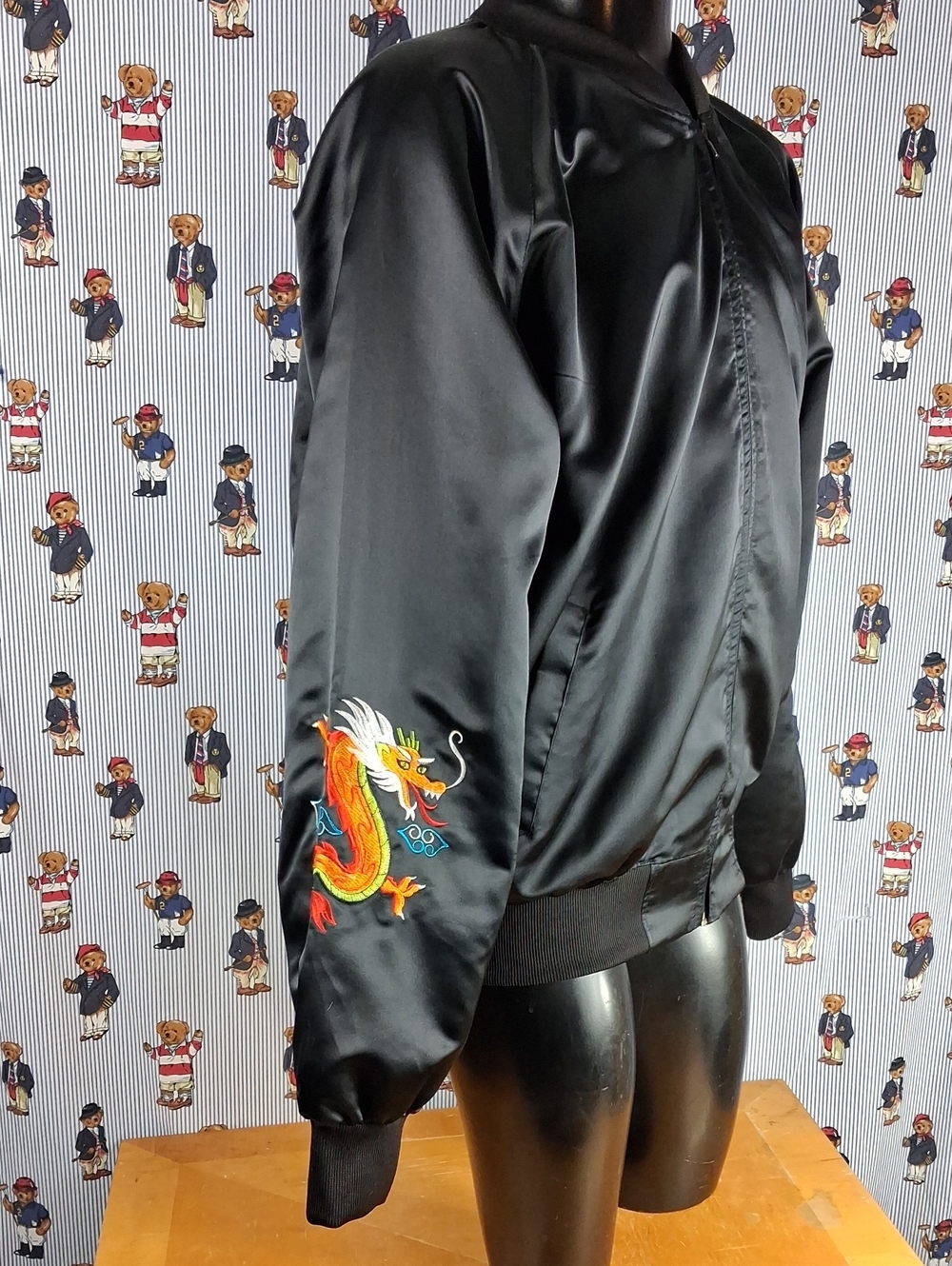 Vintage 90s Korea Embroidered Dragon Spell Out Zip Black Xl Satin Bomber Jacket - Picture 4 of 6